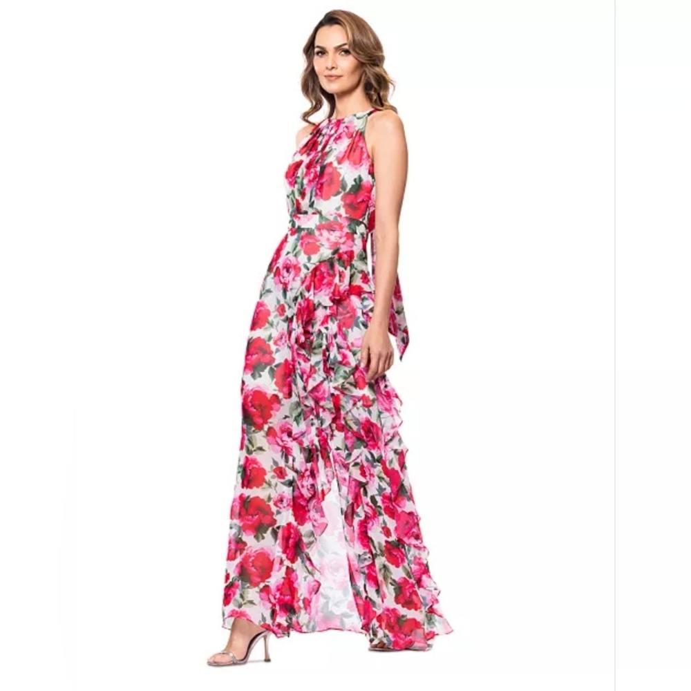 Betsy & Adam Pink and Green Floral Halter Maxi Dress - Picture 2 of 10
